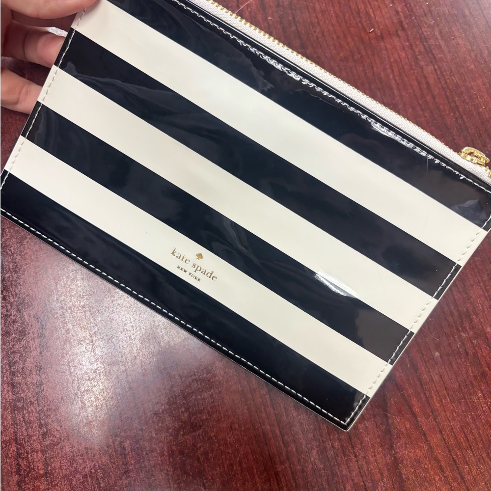 kate spade Black and White Striped Cosmetic Pouch with Gold Zip
